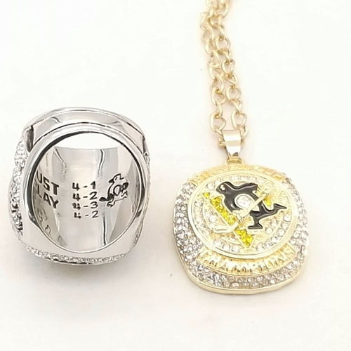 2016 Pittsburgh Penguins Hockey Stanley Cup Championship Combo Ring and Necklace