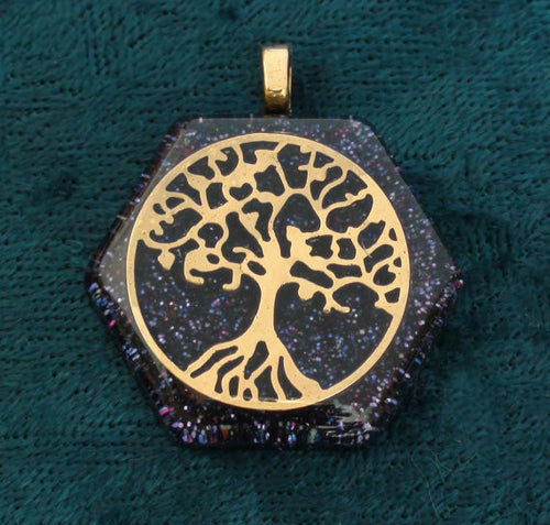 Honecomb Gold Tree of Life Third Eye Chakra-Tuning Orgone 25mm Pendant 72 energy harmonizing crystals Quartz black cord / silver chain